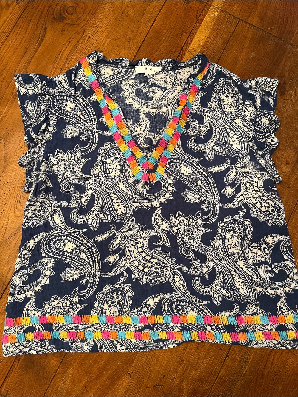 THML Navy Paisley Short Sleeve Top with Multicolor Trim
